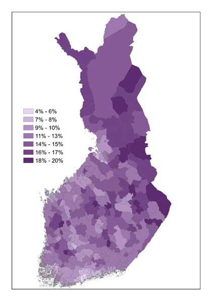 Yli 20-vuotiaiden henkilöautojen osuus henkilöautoista kunnittain.