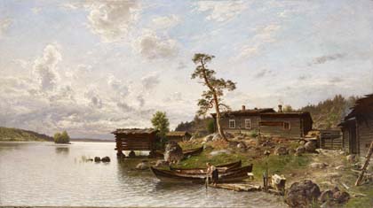 Hjalmar Munsterhjelm: Aamutunnelma (Saaristomaisema), 1884. Öljy kankaalle, 115 x 202 cm. Herman ja Elisabeth Hallonbladin kokoelma Ateneumin taidemuseo. Kuva Kansallisgalleria/Henri Tuomi 